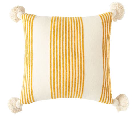 Cream Cotton & Chenille Pillow with Mustard Stripes & Tassels