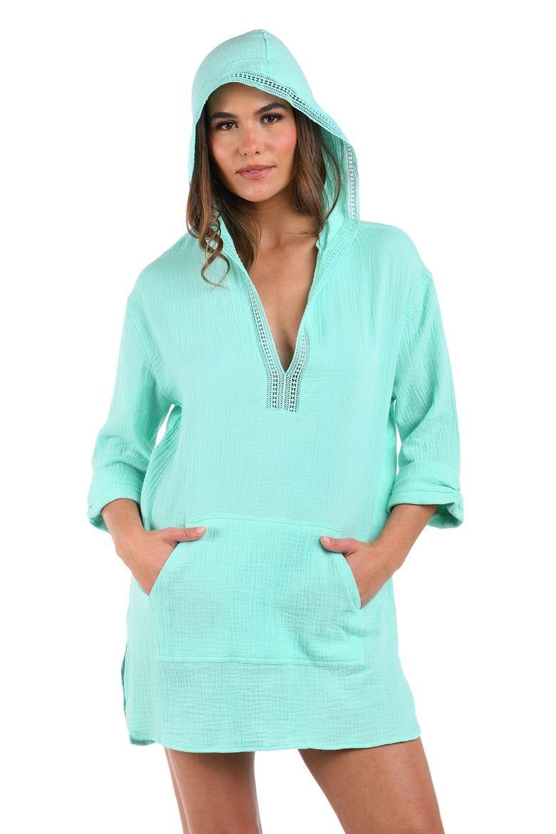 Hooded Cotton Gauze Cover-Up Tunic, Alternate, color, SEABREEZE