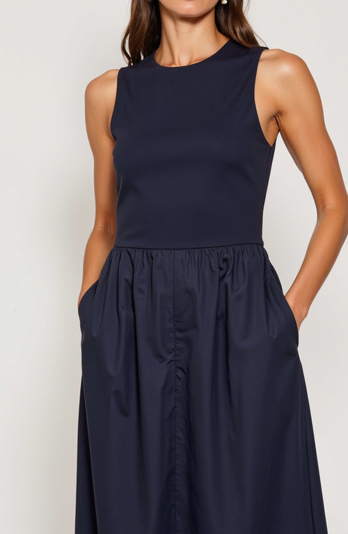 Modenaire Sleeveless Crewneck Midi Dress With Gathered Waist And Pockets In Navy Blue