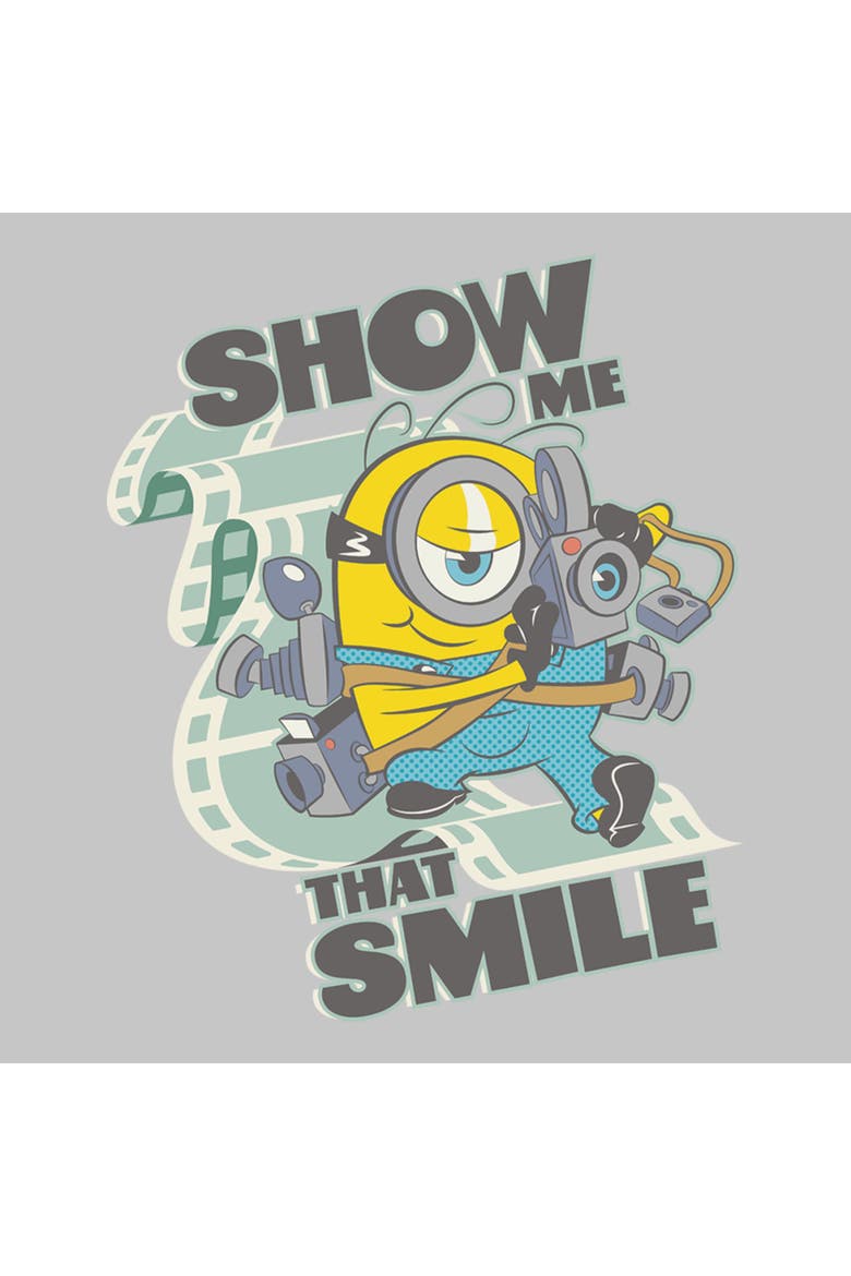 Junior's Minions & Monsters Smile At the Camera  Graphic T-Shirt, Alternate, color, Athletic Heather