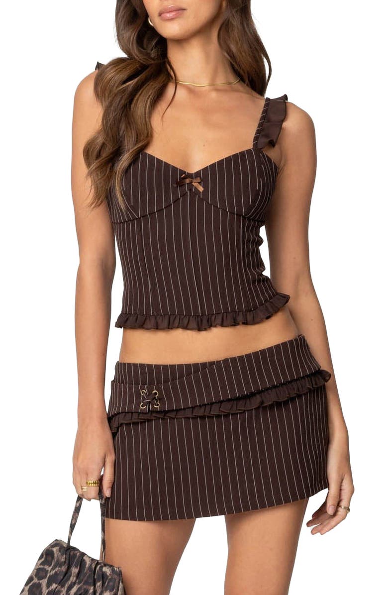 EDIKTED Colleen Ruffle Pinstripe Corset Top, Alternate, color, Brown