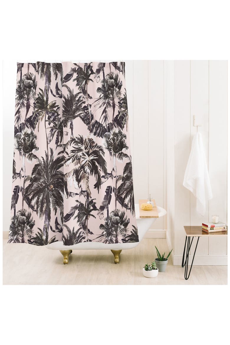 Tropical Palm Tree Print Shower Curtain, Alternate, color, BLACK-WHITE