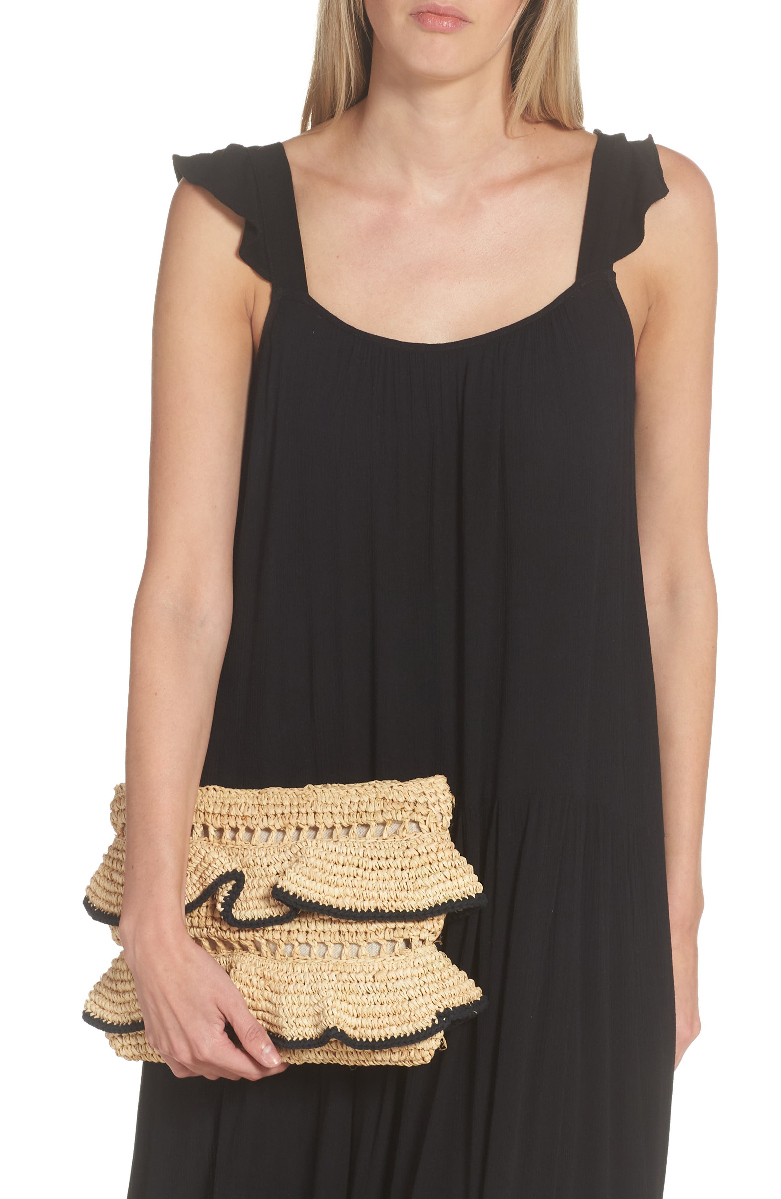 BTB Los Angeles Joey Ruffle Raffia Clutch, Alternate, color, 