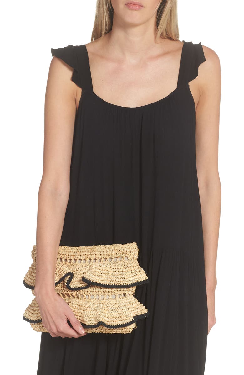 BTB Los Angeles Joey Ruffle Raffia Clutch, Alternate, color,