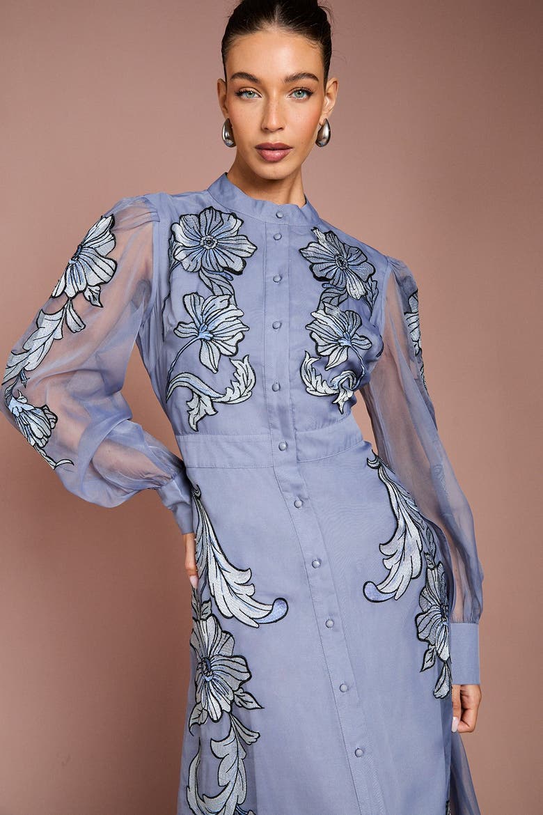 Embroidered Sheer Sleeve Midi Dress, Alternate, color, Blue