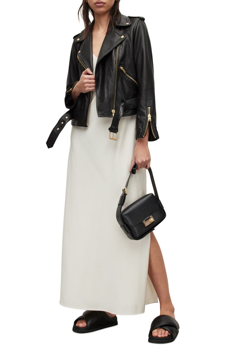 AllSaints Balfern Sheepskin Leather Biker Jacket, Alternate, color, Black/ Gold