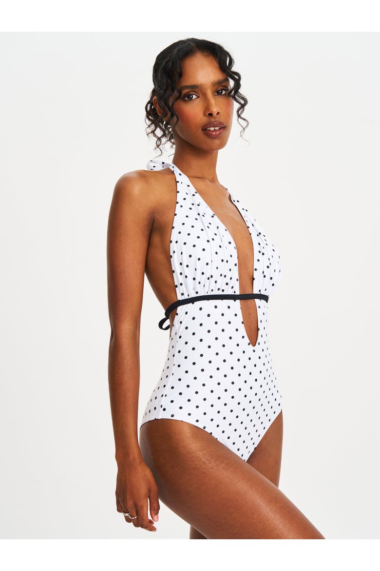 Olive Polka Dot Ruched Breast Halter Backless Swimsuit, Alternate, color, White