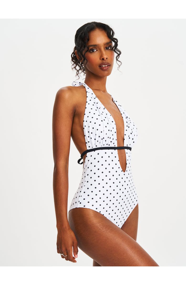 Miss Circle Olive Polka Dot Ruched Breast Halter Backless Swimsuit, Alternate, color, White