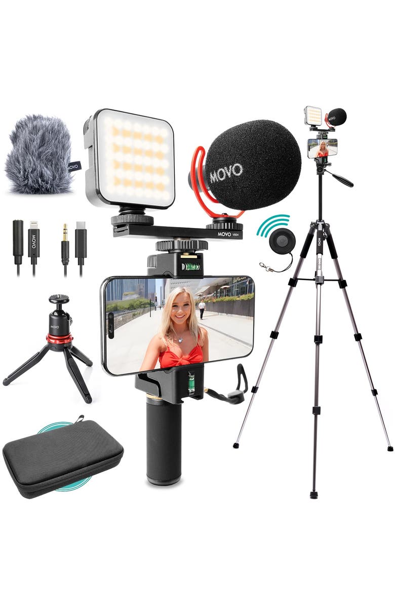 MOVO iVlogger-PRO+MV-T5 Vlogging Kit for iPhone/Android Smartphones with Mic, Light, Tripod, and More, Main, color, Black