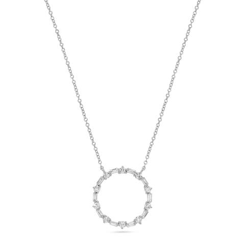 Baguette & Round Diamond Circle Pendant Necklace in 14K White Gold