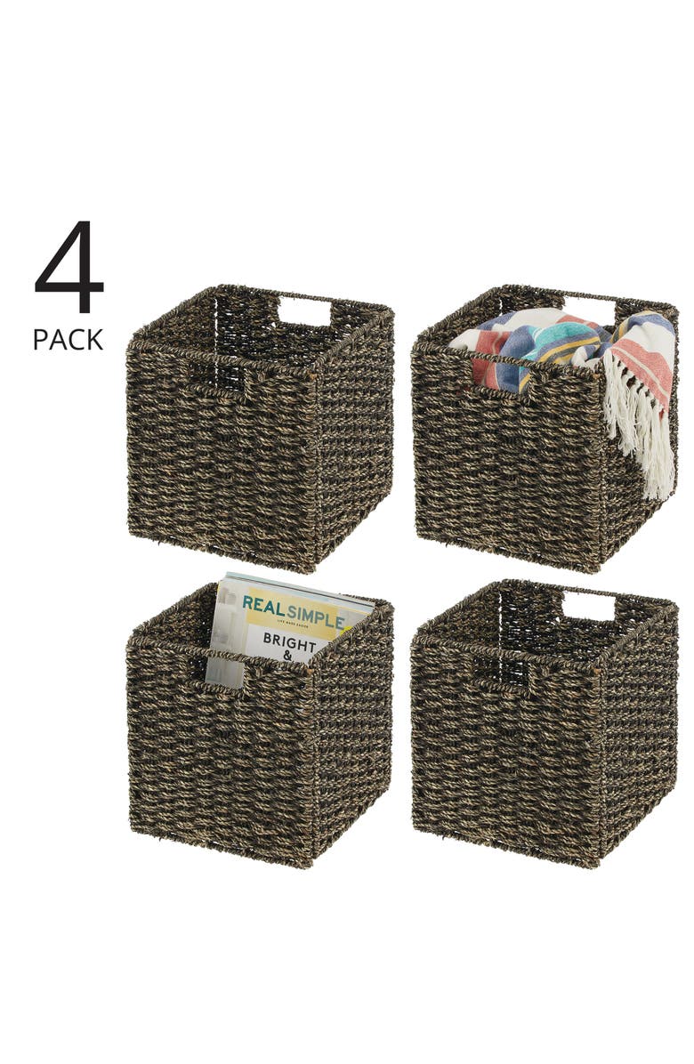 mDesign Seagrass Woven Cube Bin Basket Organizer, Handles, 4 Pack, Alternate, color, Black Wash