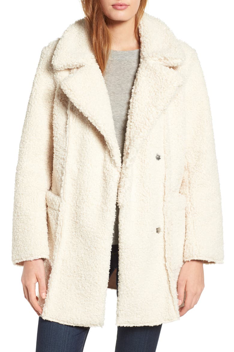 Notch Collar Curly Faux Shearling Coat, Main, color, IVORY