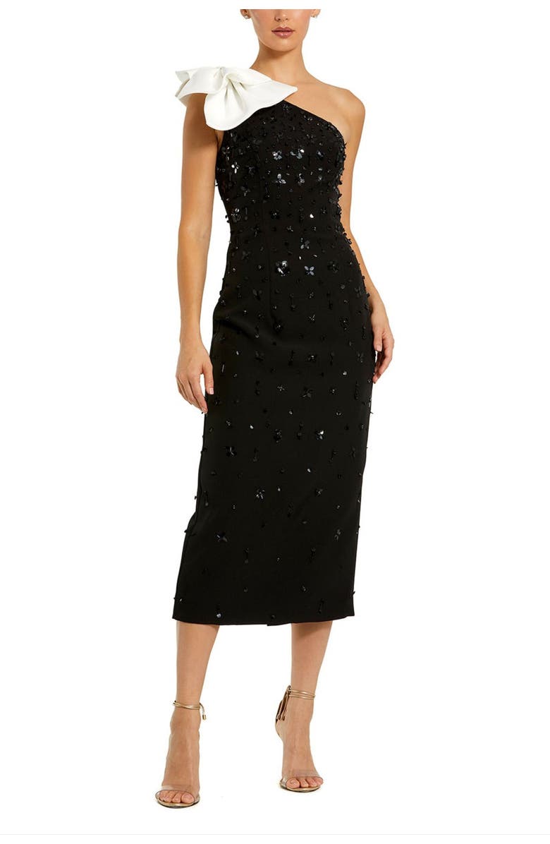 Mac Duggal Beaded Crepe One Shoulder Midi Dress With Bow, Main, color, Black White