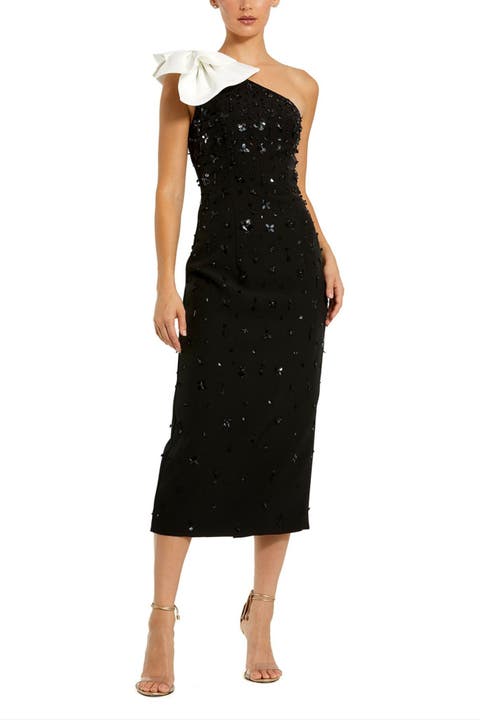 Beaded Crepe One Shoulder Midi Dress With Bow