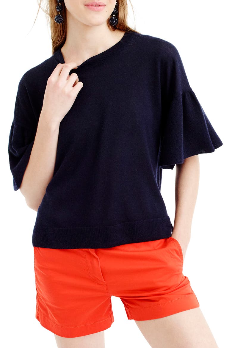 Featherweight Cashmere Ruffle Sleeve Sweater, Main, color, NAVY