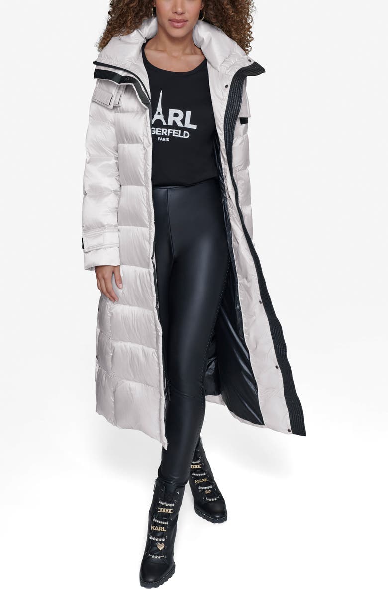 KARL LAGERFELD PARIS Contrast Belted Longline Puffer Jacket, Alternate, color, Champagne