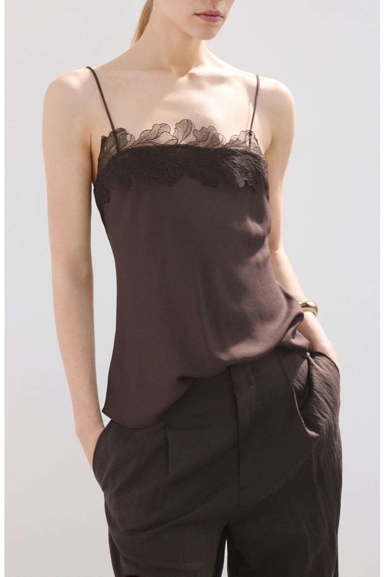 Lace Trim Satin Camisole, Main, color, CHOCOLATE