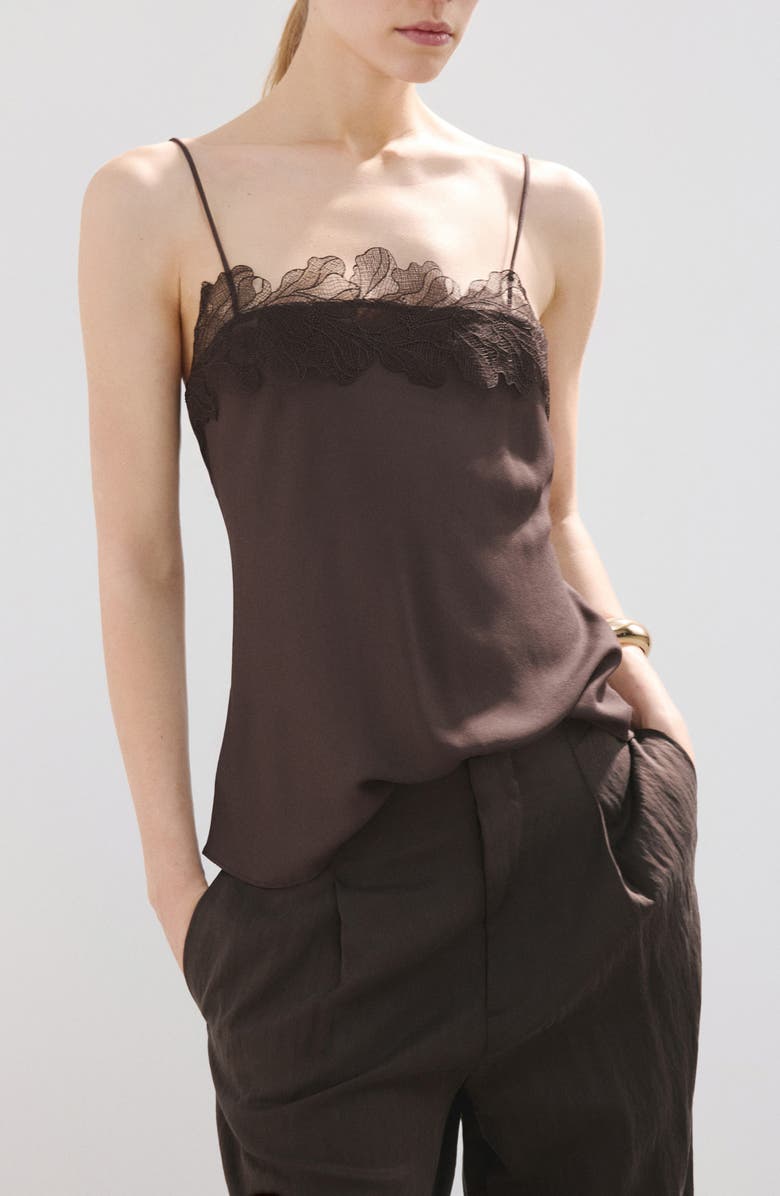 MANGO Lace Trim Satin Camisole, Main, color, Chocolate