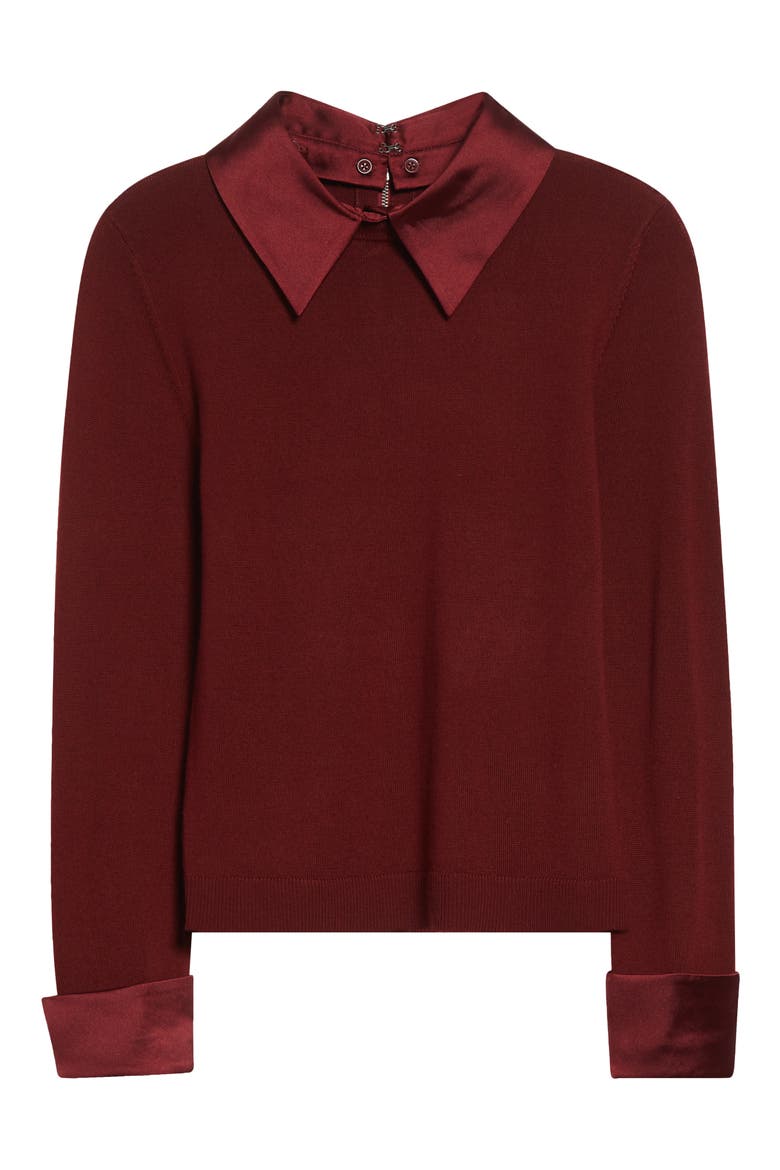Porla Collared Mixed Media Silk Sweater, Alternate, color, OXBLOOD