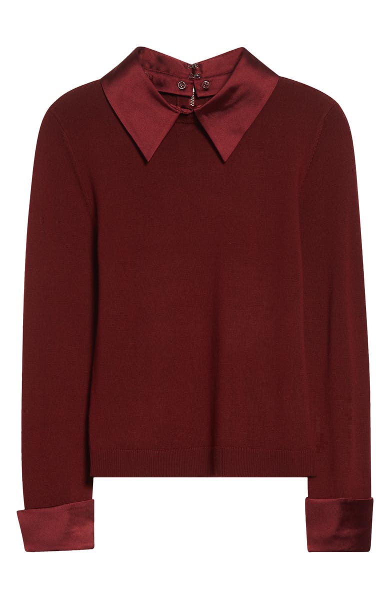 Alice + Olivia Porla Collared Mixed Media Silk Sweater, Alternate, color, Oxblood