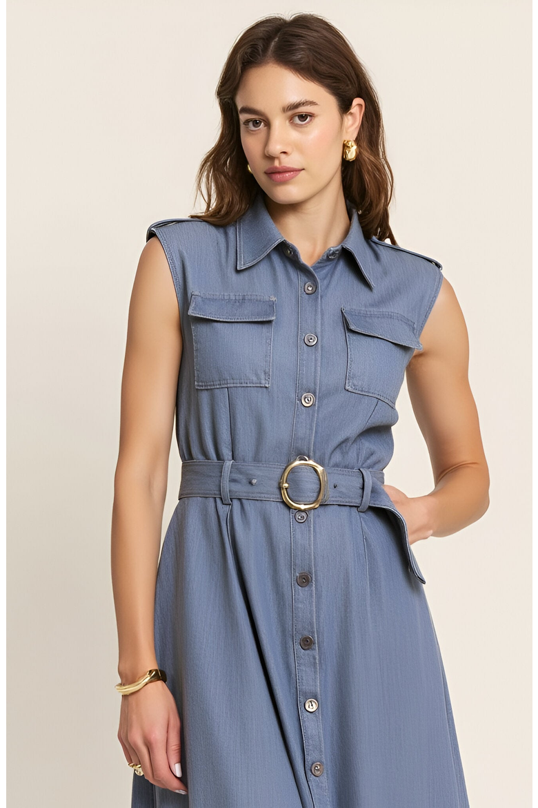 Belted A-Line Midi Dress with Shoulder Buttons and Pockets, Alternate, color, Blue