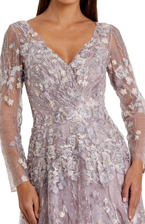 Mac Duggal Embroidered Lace Wrap Over Illusion Long Sleeve A Line Gown In Lilac