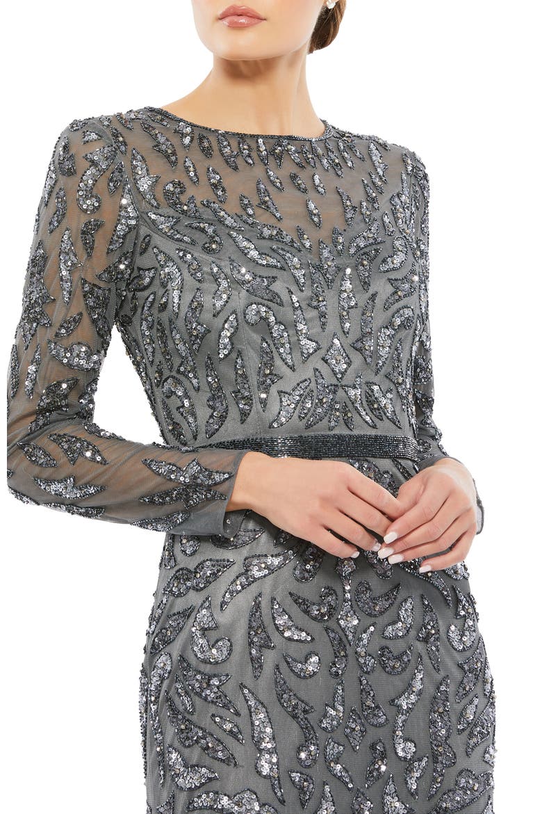 Abstract Beaded Long Sleeve Evening Gown, Alternate, color, Charcoal