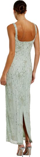 Beaded Mesh Scoop Neck Fitted Gown With Bows