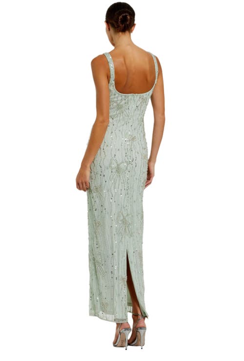 Mac Duggal Beaded Mesh Scoop Neck Fitted Gown With Bows In Seafoam