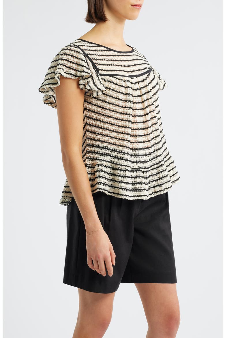Ruffle Open Stitch Short Sleeve Sweater, Alternate, color, CREAM/ BLACK