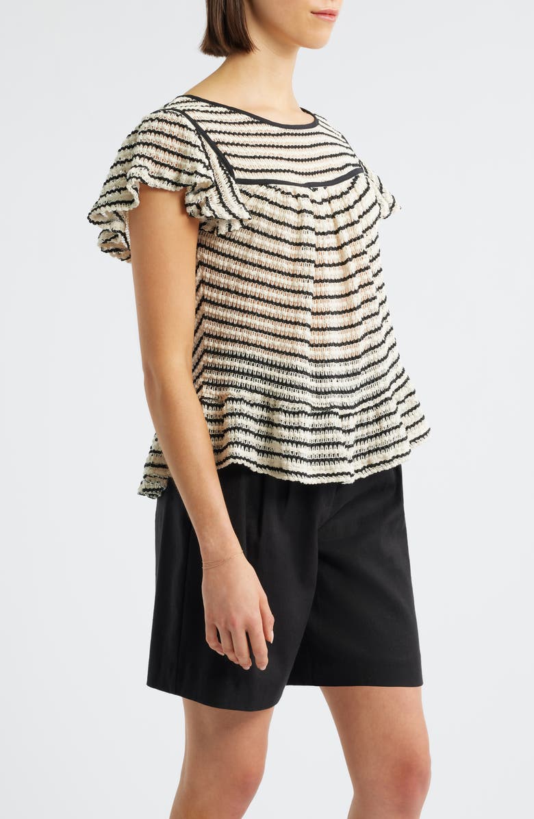 Bobeau Ruffle Open Stitch Short Sleeve Sweater, Alternate, color, Cream/ Black