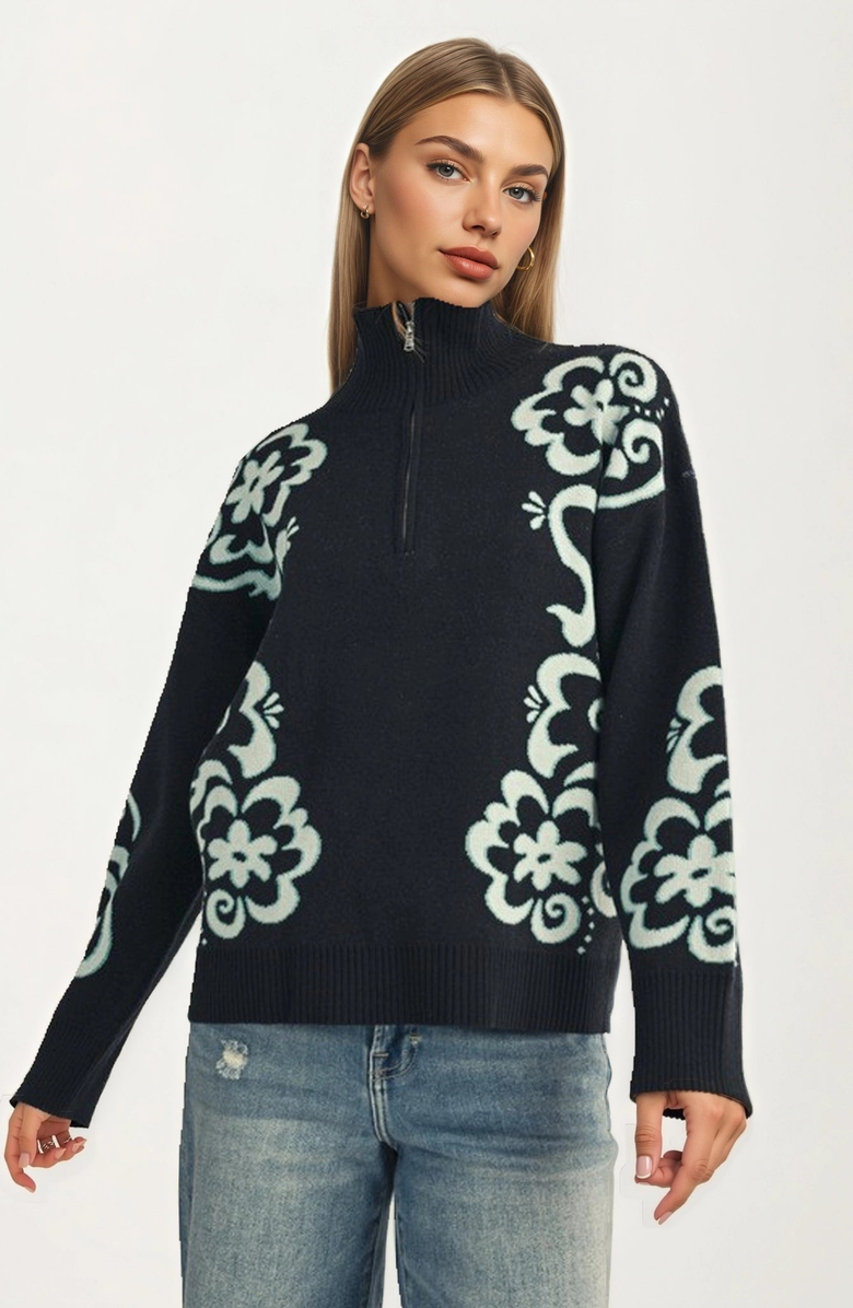 Knit and Lounge Floral Quarter Zip Sweater, Main, color, 