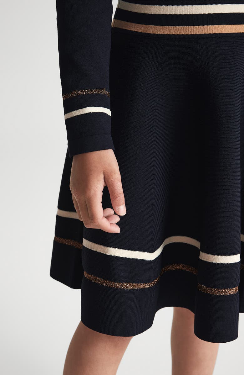 Reiss Kids' Edith Metallic Stripe Long Sleeve Sweater Dress, Alternate, color, Navy