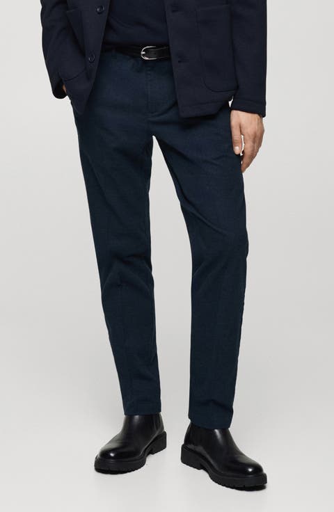 Regular Fit Navy Flat Front Textured Stretch Cotton Pants