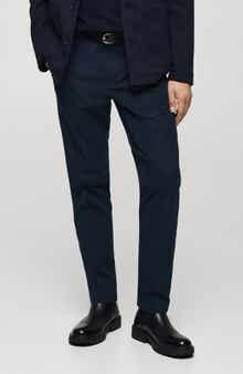 MANGO Regular Fit Navy Flat Front Textured Stretch Cotton Pants