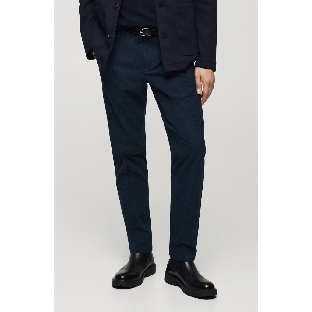 Mango Regular Fit Navy Flat Front Textured Stretch Cotton Pants In Blue