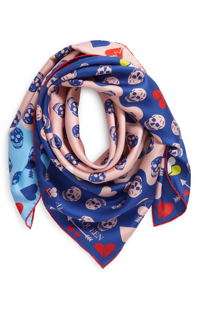 McQueen Alexander McQueen Skull & Heart Print Silk Biker Scarf, Main, color, 