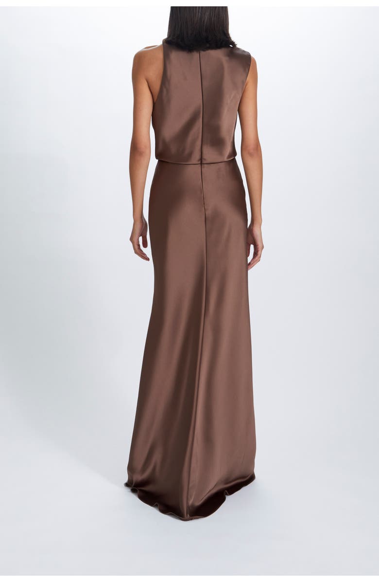 Amsale Fluid Satin Draped Neck Dress, Alternate, color, Truffle