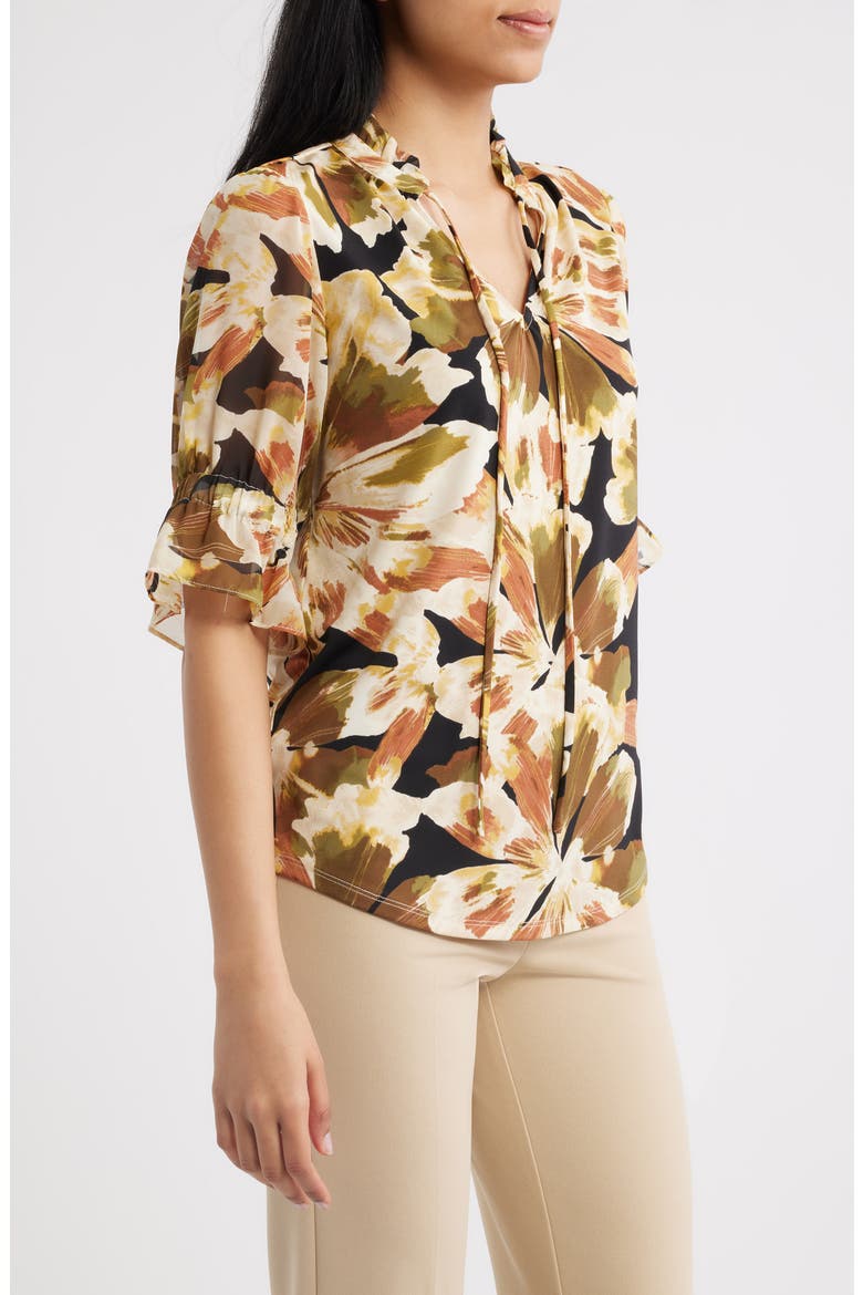 Ruffle Split Neck Top, Alternate, color, ANNE BLACK MULTI