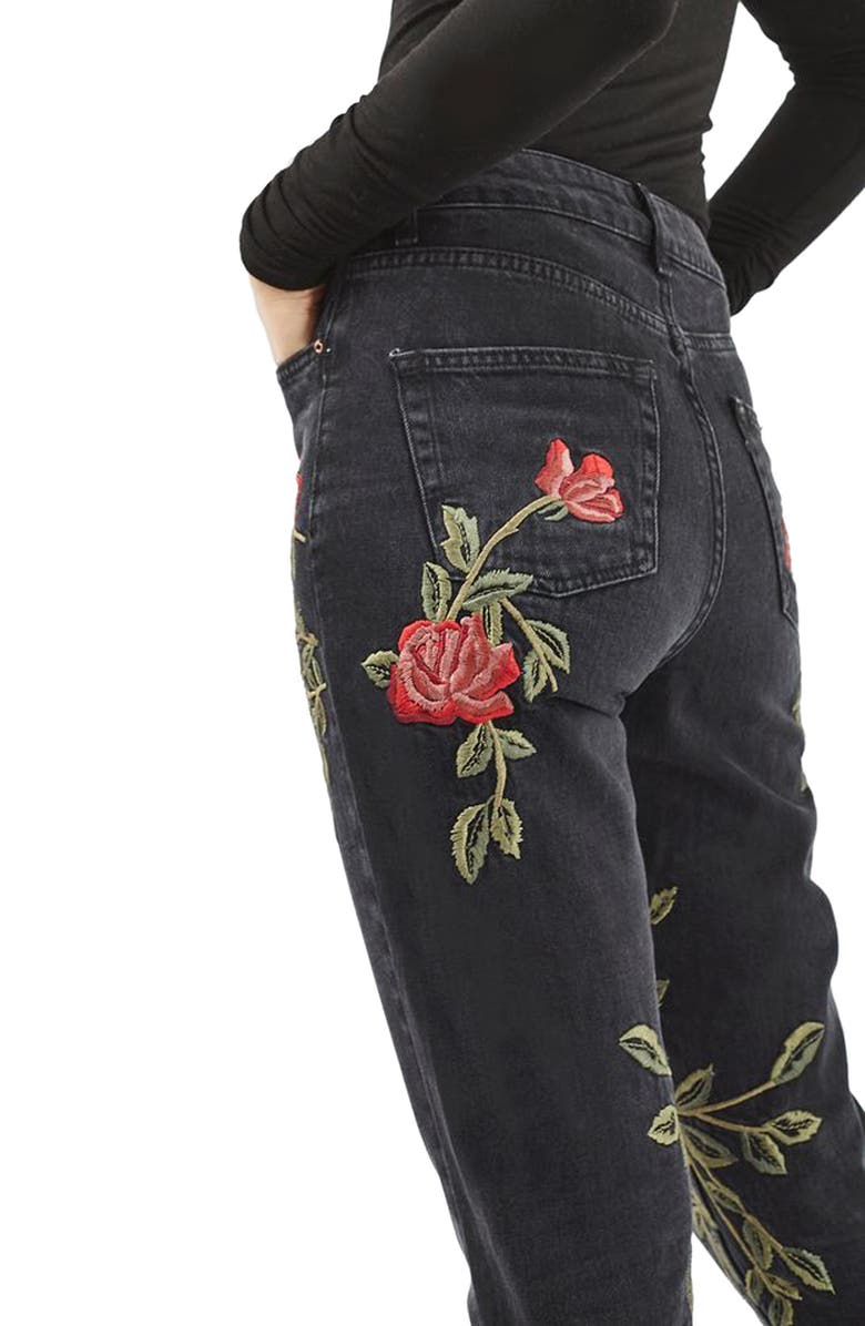 Topshop Mom Rose Embroidered Jeans, Alternate, color, 