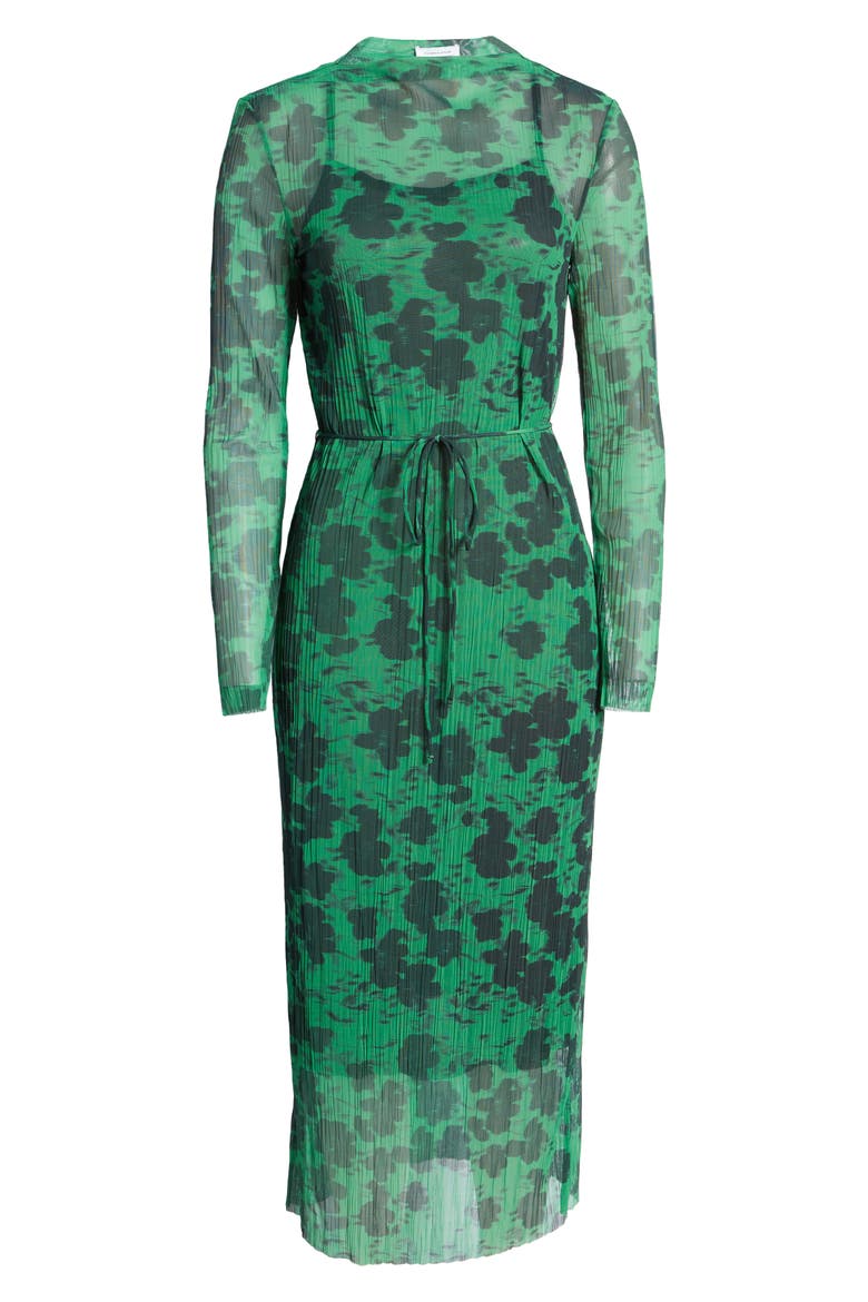 Abstract Floral Long Sleeve Mesh Midi Dress, Alternate, color, GREEN AOP