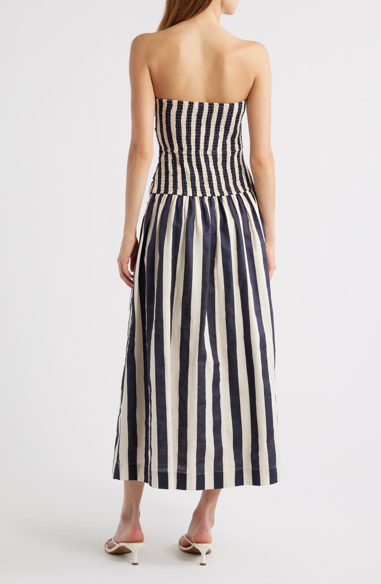 MOON RIVER Stripe Ruched Strapless Midi Dress, Alternate, color,