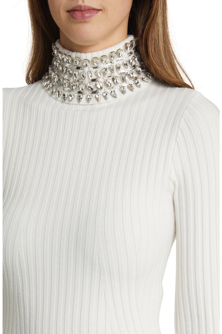 Crystal Neck Long Sleeve Rib Midi Dress, Alternate, color, WHITE