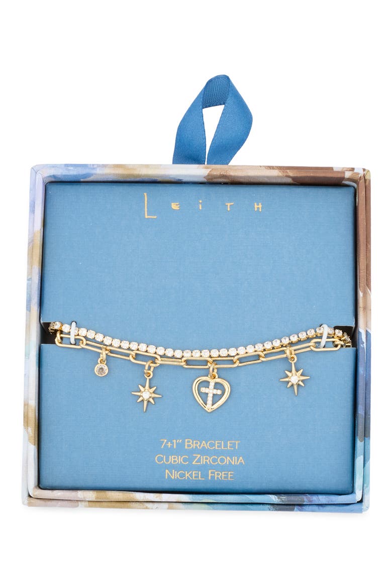 Cubic Zirconia Cross Charm Layered Bracelet, Main, color, CLEAR- GOLD