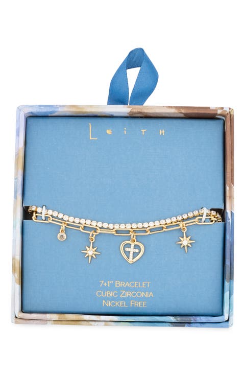 Cubic Zirconia Cross Charm Layered Bracelet