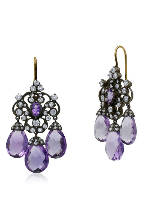 Amethyst & Diamond 3-Drop Chandelier Earrings