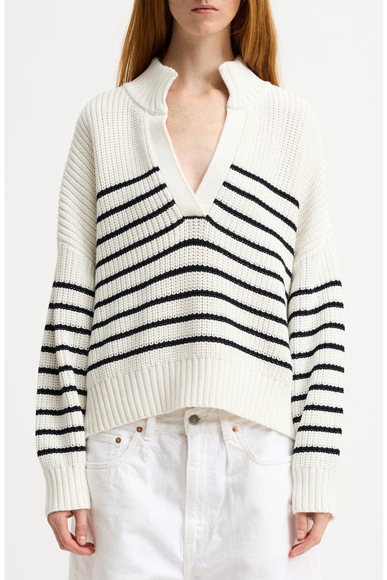 Striped Split Neck Sweater, Main, color, WHITE WITH THIN NAVY STRIPE