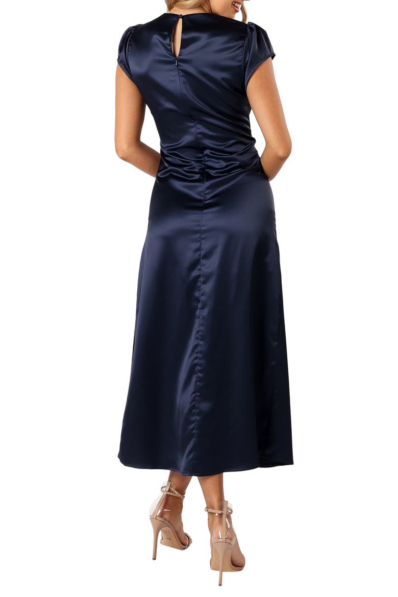 Lisbeth Ruched Satin Midi Dress, Alternate, color, NAVY