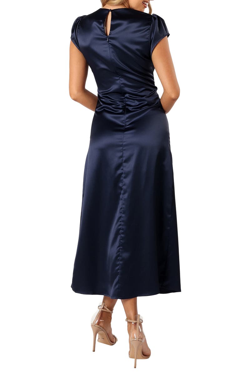 Petal & Pup Lisbeth Ruched Satin Midi Dress, Alternate, color, Navy