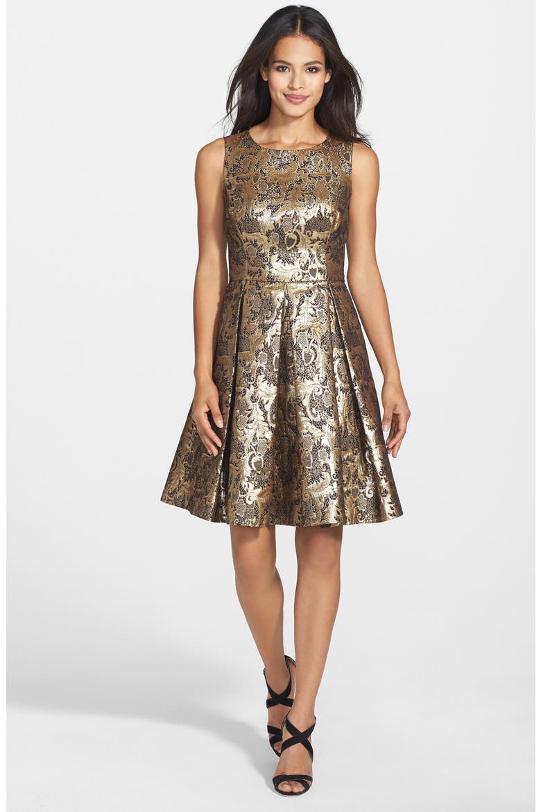 Metallic Jacquard Fit & Flare Dress, Alternate, color, BLACK/ GOLD